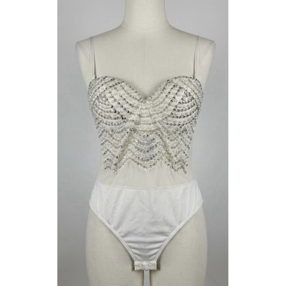Windsor White Pearl Sequin Embellished Corset Bustier Bodysuit Bridal Party S